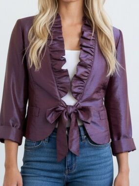 VANKLER - VINTAGE 1980s Ruffled Satin Plum Tie-Front Blazer
